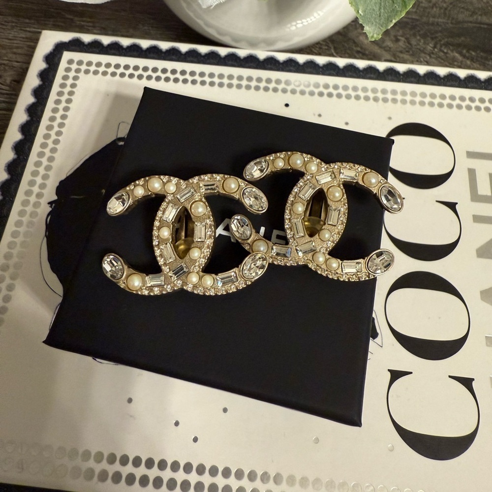 CHANEL Large Statement Crystal Faux Pearl CC Clip On Earrings